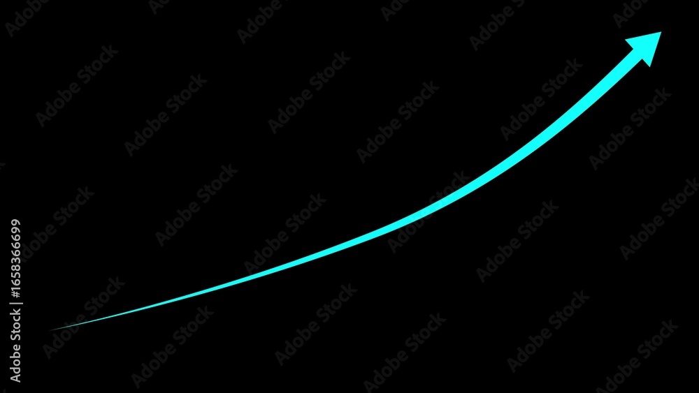 Poster cyan upward curving arrow on a black background symbolizing growth and progress curve