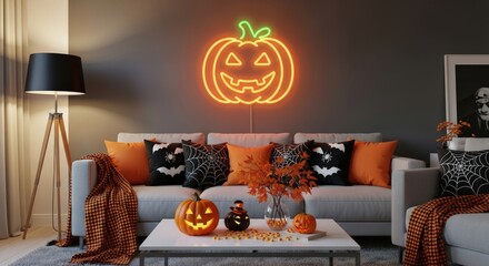 Halloween decor with neon pumpkin, cozy couch, and festive pillows create a warm, inviting space for the spooky season