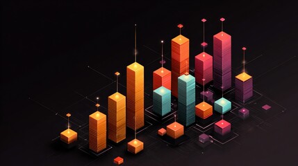 Colorful, stacked blocks form an abstract, ascending cityscape on grid background