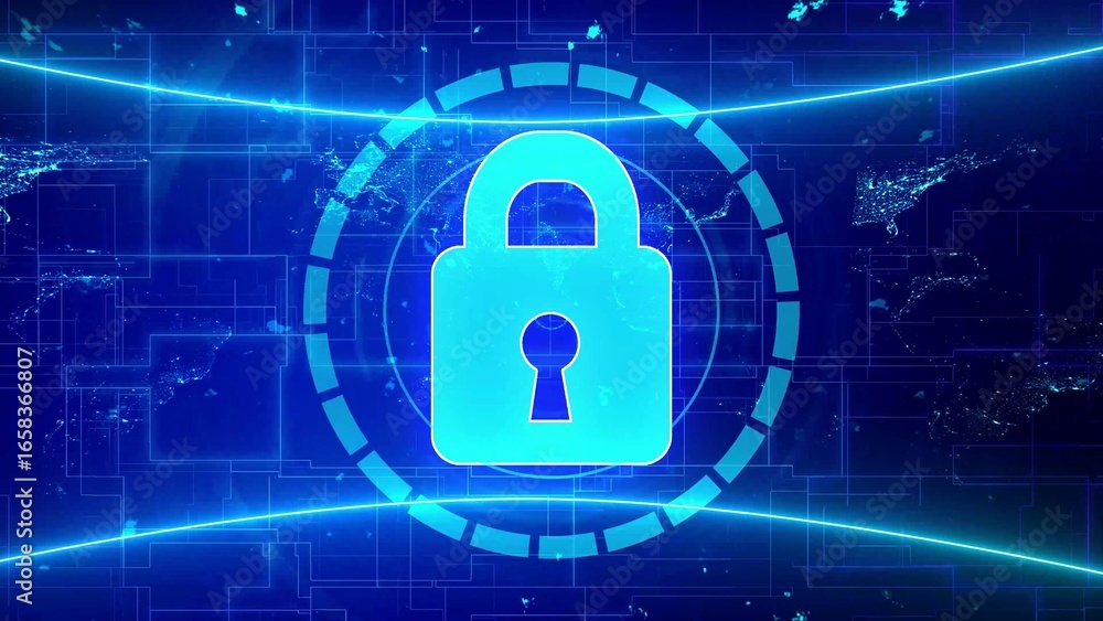 Poster cyan padlock icon on a blue digital grid with world map and neon lines security protection