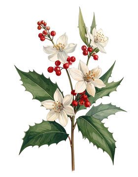 Watercolor Drawing White Holly Birth Flower Bouquet Illustration December Flower