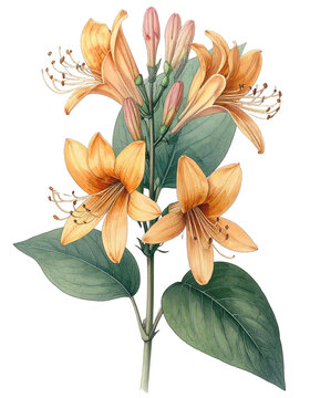 Watercolor Drawing Orange Honeysuckle Birth Flower Bouquet Illustration June Flower