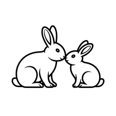 Fototapeta premium Two Line Art Rabbits: Adult and Baby Nosing, White Background
