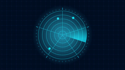 Air traffic radar scanner display vector illustration of radar scan, screen display. Digital radar screen. Futuristic sonar interface, navigation control monitor high-tech military target tracker.