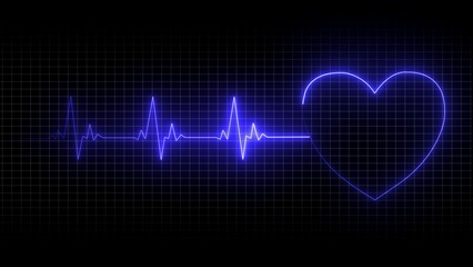 Blue Neon Heartbeat EKG Line on Dark Grid Background with Heart Shape electrocardiogram heart rate