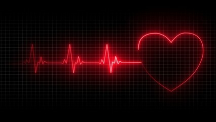 Red Neon Heartbeat EKG Line on Dark Grid Background with Heart Shape electrocardiogram heart rate