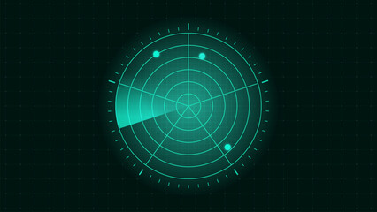 Air traffic radar scanner display vector illustration of radar scan, screen display. Digital radar screen. Futuristic sonar interface, navigation control monitor high-tech military target tracker.