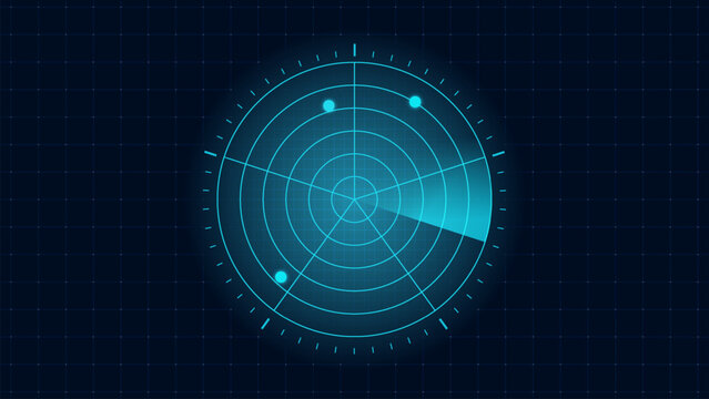 Air traffic radar scanner display vector illustration of radar scan, screen display. Digital radar screen. Futuristic sonar interface, navigation control monitor high-tech military target tracker.