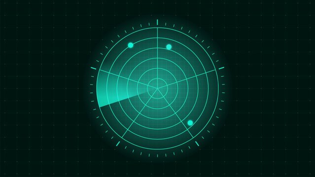 Air traffic radar scanner display vector illustration of radar scan, screen display. Digital radar screen. Futuristic sonar interface, navigation control monitor high-tech military target tracker.