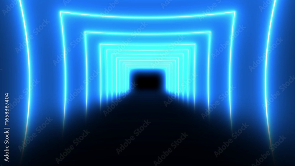 Poster futuristic neon blue tunnel with glowing rectangular frames and a dark end image photo