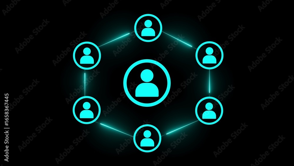 Poster network of cyan person icons connected by glowing cyan lines forming a hexagon on black connection