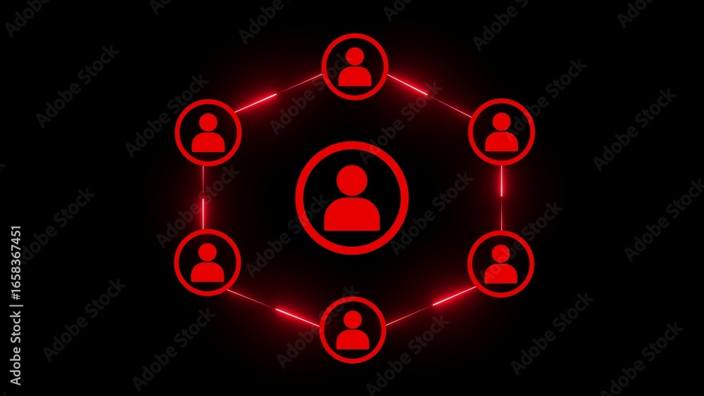 Poster network of red person icons connected by glowing red lines forming a hexagon on black connection