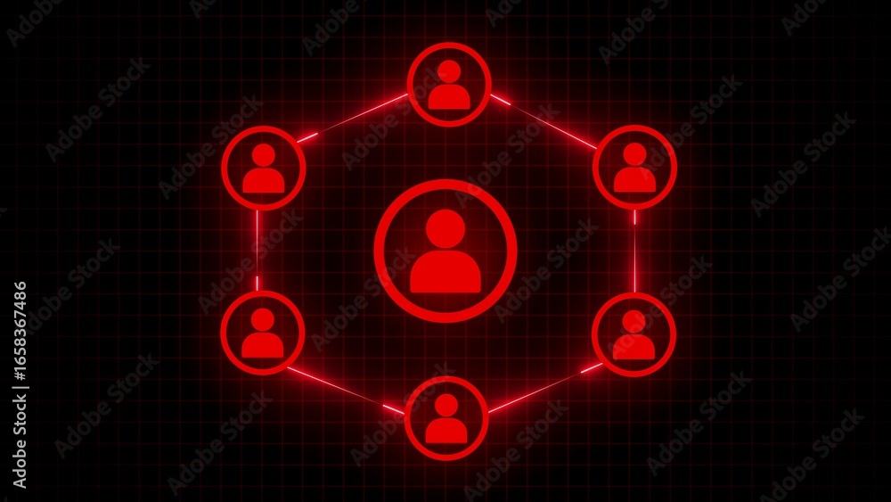 Aufkleber neon red human network connection diagram with central figure and surrounding nodes on grid backgrou