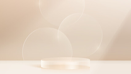 3D glass transparent crystal. Empty cylindrical pedestal. 3D cylinder and cube glass platforms set background. Vector realistic illustration of transparent glass round