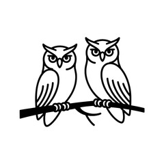 Obraz premium Two Owls Perched on a Branch: Line Art Illustration