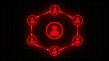 Neon red human network connection diagram with central figure and surrounding nodes on grid background