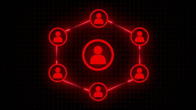 Neon red human network connection diagram with central figure and surrounding nodes on grid background