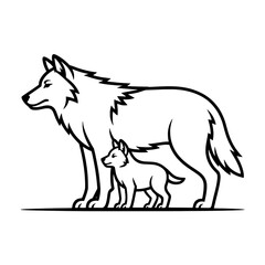 Obraz premium Line Art Illustration of an Adult Wolf and Pup: Black and White Vector Graphic