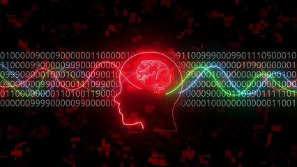 Neon Red Human Head Silhouette with Brain and Colorful Waves and Binary Code abstract artificial intelligence