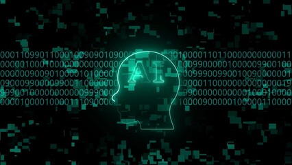 Glowing AI Head Silhouette Against Digital Binary Code and Glitch Effect artificial intelligence