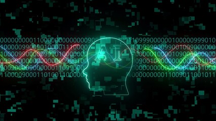 AI Head Silhouette with Binary Code and Colorful Waveforms artificial intelligence