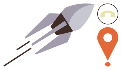 Rocket flying upward with sleek trails, orange map pin, contact icon. Ideal for innovation, technology, navigation, communication, startup goal achievement exploration. Modern simple flat metaphor