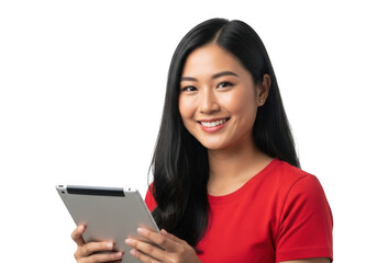 Naklejka premium Young asian woman smiling holding a tablet isolated on transparent background