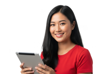 Young asian woman smiling holding a tablet isolated on transparent background