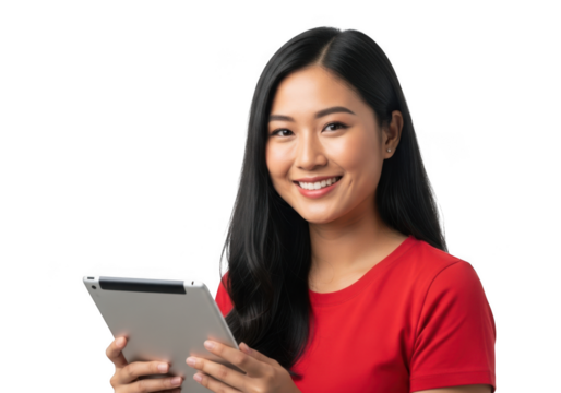 Young asian woman smiling holding a tablet isolated on transparent background