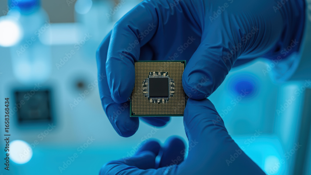 Poster high tech microprocessor held in gloved hands, showcasing intricate design and precision engineering