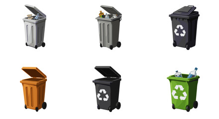 Collection of colorful and functional recycling bins ready for waste disposal isolated on transparent background