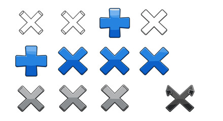 Set of stylized plus and cross symbols with varying shades representing different states or options isolated on transparent background