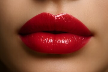 Close up of glossy Red lips with smooth makeup, symbolizing beauty, sensuality, fashion style, lipstick advertising, cosmetic product,  and modern glamour photography