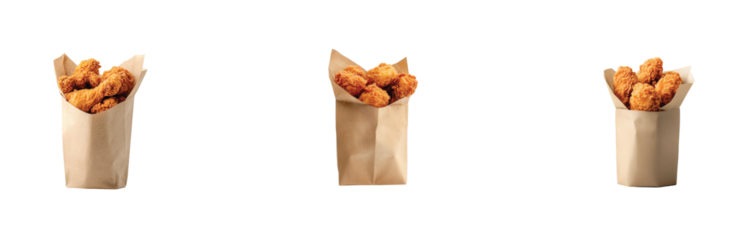paper bags each containing crispy fried chicken pieces neatly displayed in a row