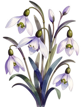 Watercolor Drawing White Snowdrop Birth Flower Bouquet Illustration January Flower