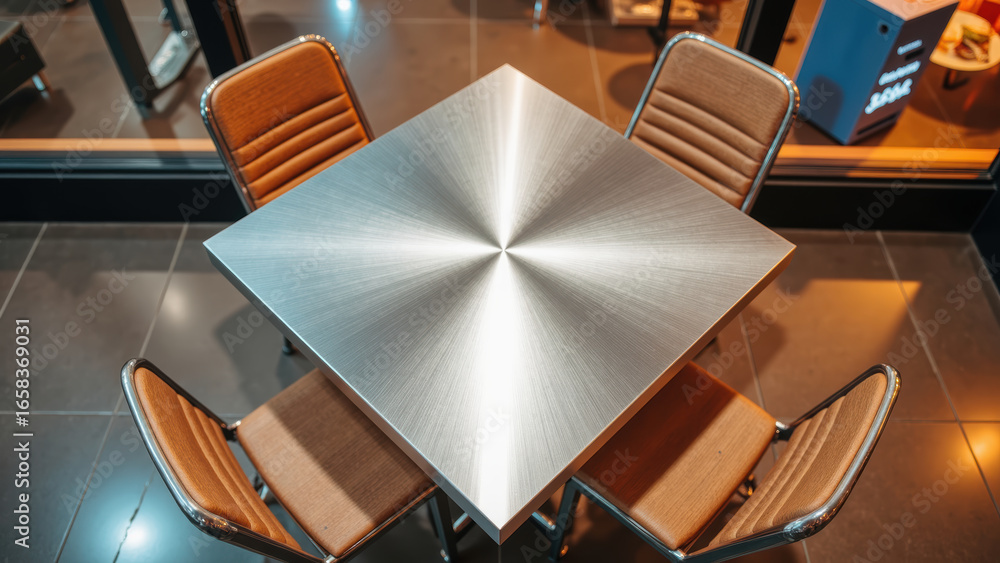 Poster modern square table with metallic surface and four stylish chairs, creating sleek and inviting dinin