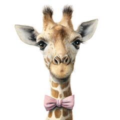 Giraffe Portrait with Bow Tie - Whimsical Animal Art, Detailed Illustration on White Background
