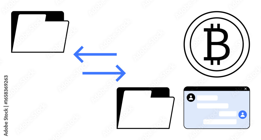 Poster file folders linked by arrows symbolize data exchange, cryptocurrency represented by bitcoin, and a 