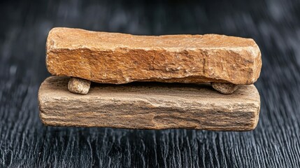 Fototapeta premium Stacked Brown Bone Pieces on Dark Wood Background