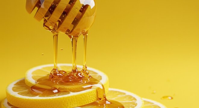 Close-up shows a wooden honey dipper dripping golden syrup over sliced lemon rounds against a bright yellow backdrop. Drops glisten