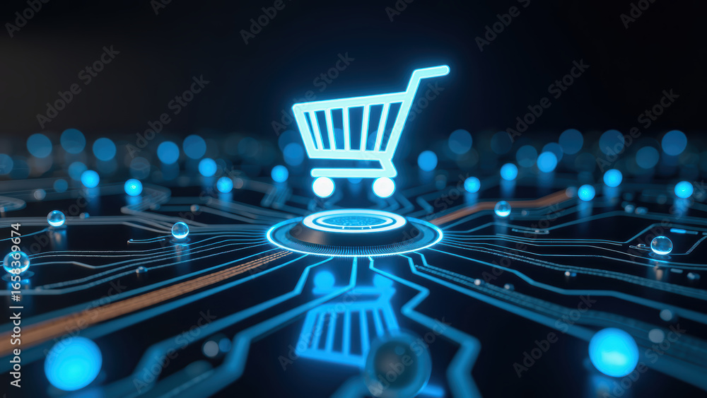 Poster digital shopping cart icon glowing in blue, surrounded by network of circuits and glowing nodes, rep