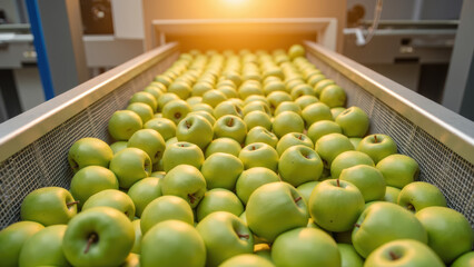 Fresh green apples on conveyor belt in processing facility, showcasing their vibrant color and natural shine