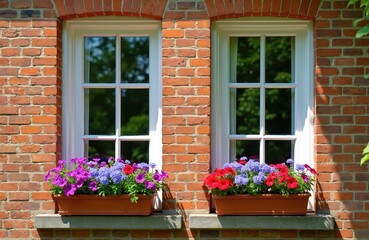 Two white-framed windows on brick wall feature window boxes filled with vibrant purple, blue, red flowers. Green trees reflect in glass panes. Scene evokes charming, traditional Victorian house