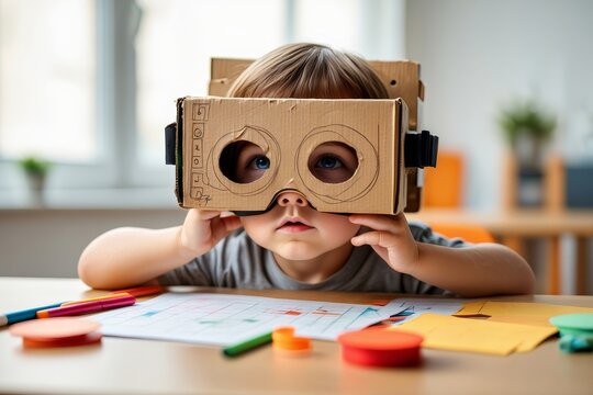 Young boy wearing homemade cardboard vr headset exploring virtual reality at home playing