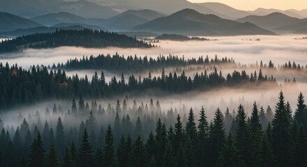 Majestic vista of layered, tree-covered hills enveloped by dense fog. Mountains fade into the hazy distance under a pale, warm sky