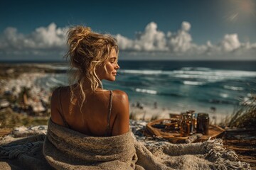 woman on beach towel, glowing healthy skin, soft sun light. Generative AI
