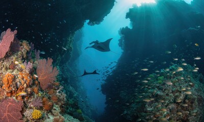Fototapeta premium Vibrant coral reef canyon, manta rays and fish. Sunlight streams into a deep underwater chasm