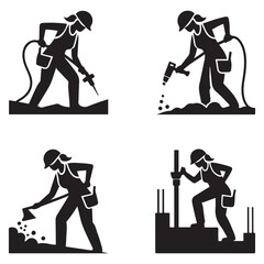 Obraz premium Female Construction Worker Icon Set Black Silhouettes. Vector black silhouette. with white background