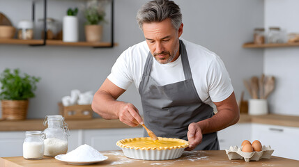 Man preparing pie dough in the kitchen, symbolizing home cooking, culinary skills, and comfort food traditions.