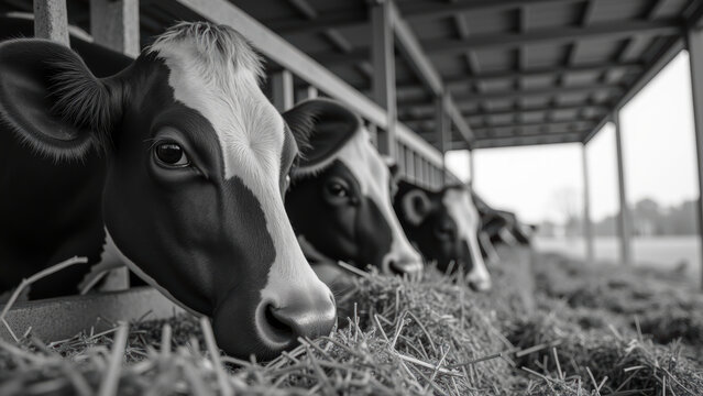 Cows in barn eating hay, showcasing their calm demeanor and farm life. black and white photography adds classic touch to serene atmosphere